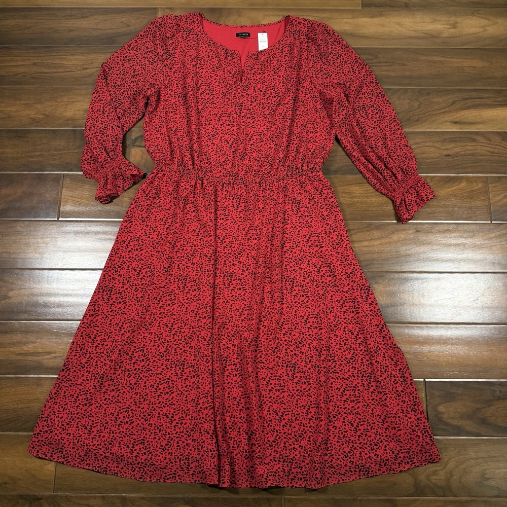 Talbots Women's Size 18 Red Black Animal Print Long Sleeve Midi Dress